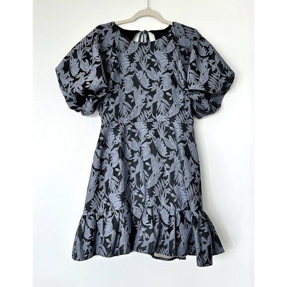 NWT Topshop Jacquard Puff Sleeve Mini Dress Blue Floral Open Back US 12 UK 16 - Picture 7 of 14